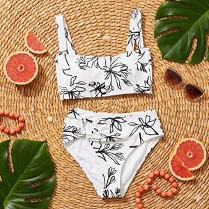Revel Rey NWOT White Floral Asymmetrical Bikini Small High Cut Structured Set